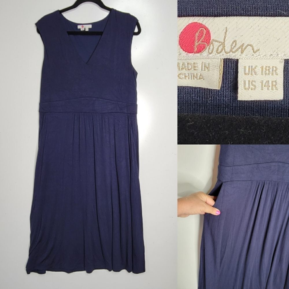 BODEN 14 18 POCKETS NAVY BLUE STRETCH JERSEY SLEEVELESS MIDI DRESS LIKE NEW